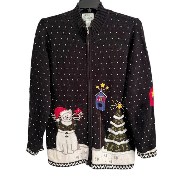 Vintage Quacker Factory Winter Holiday Cat Tree Zippered Cardigan Sweater Medium - Picture 2 of 7